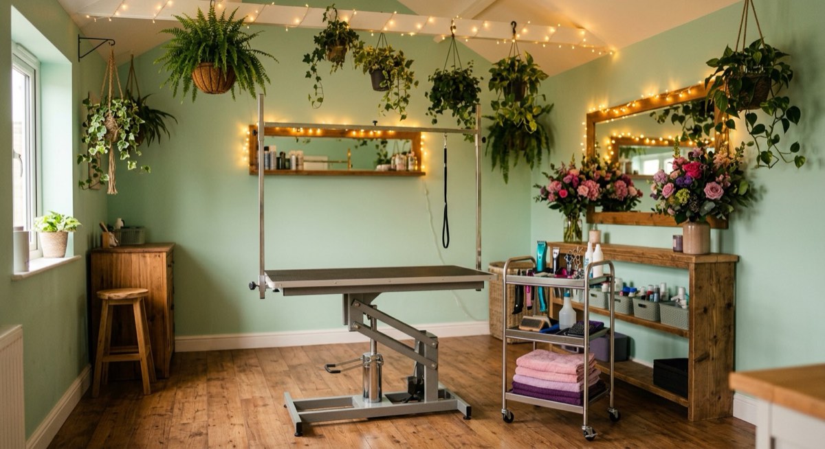 Cozy Korean-style dog grooming salon with mint green interior, freshly groomed poodle on grooming table, flowers and warm lighting